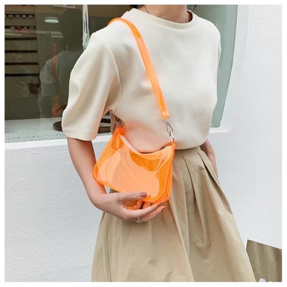 Womens NEW Y2K Neon Orange PVC Zipper Shoulder Bag Clutch Travel Makeup Purse - Picture 3 of 6